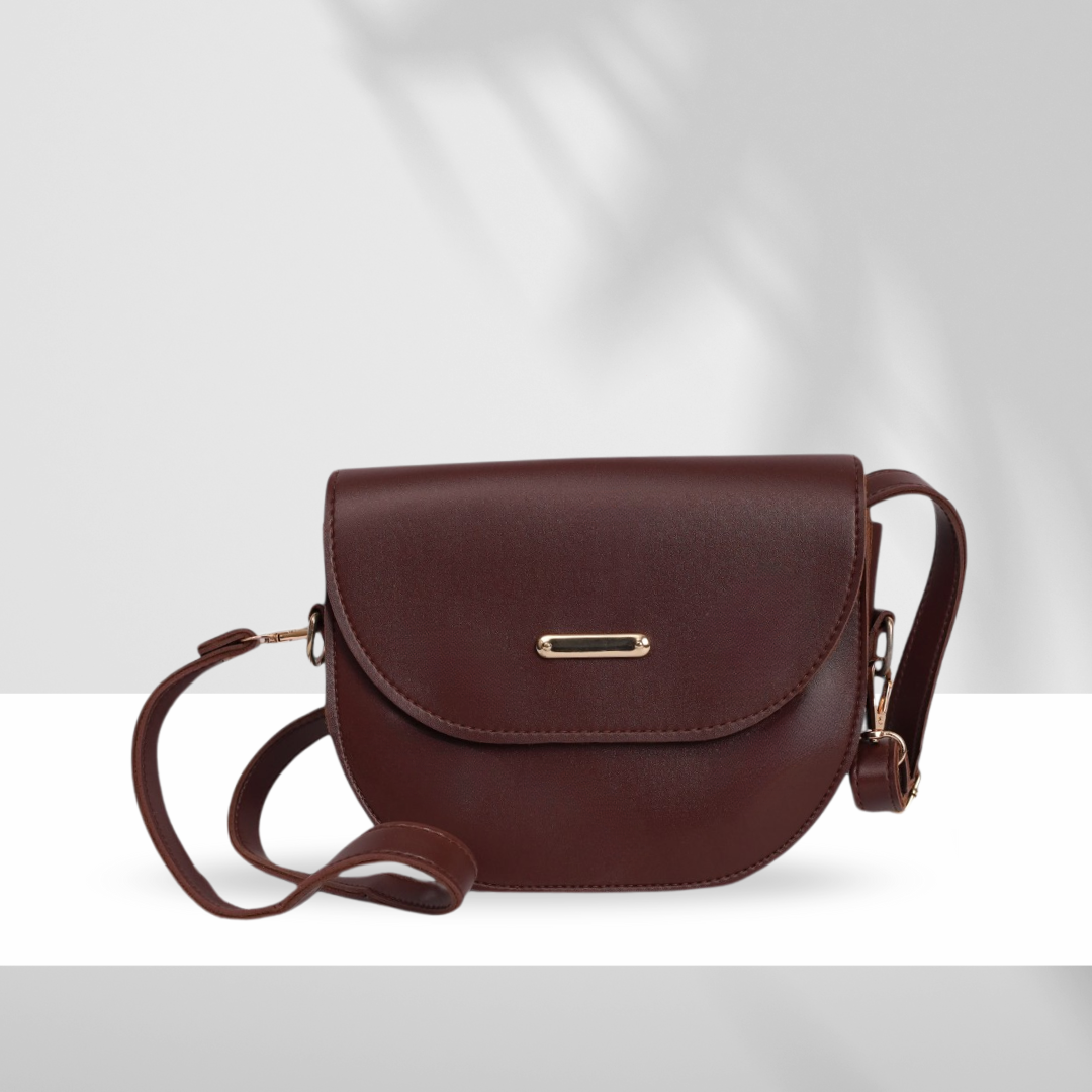 Elegant dark brown dual strap crossbody bag with adjustable and hand-carry options, featuring a sleek gold accent.