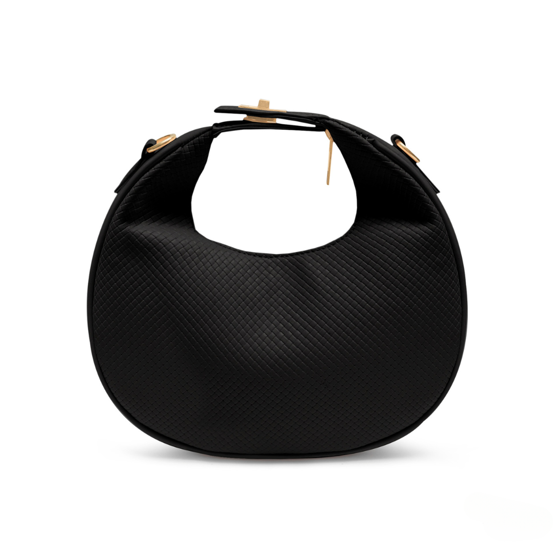 Black round-shaped hobo bag made of textured synthetic leather with adjustable shoulder strap and zipper closure.