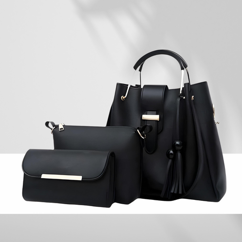 Three-piece black handbag set with top-handle shoulder bag, cross-body bag, and matching clutch, all in premium faux leather.