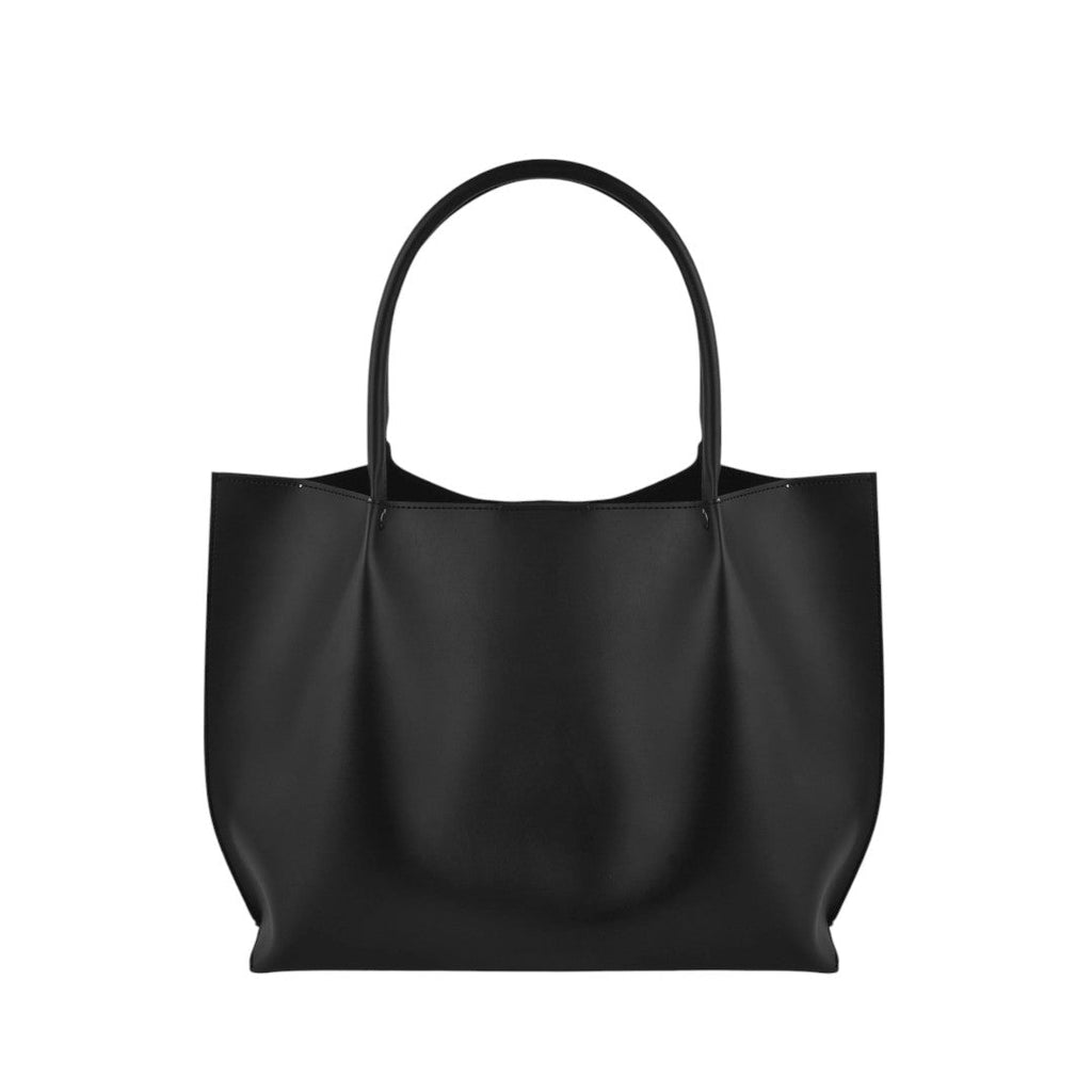 Black faux leather Cedar Tote with magnetic closure and zipper pocket, measuring 16x11x5.5 inches, spacious and stylish handbag.