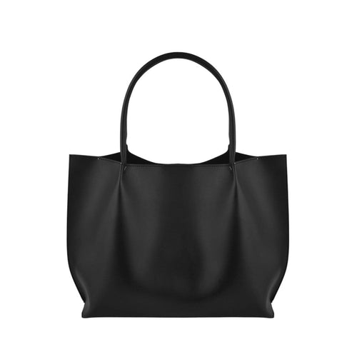 Black faux leather Cedar Tote with magnetic closure and zipper pocket, measuring 16x11x5.5 inches, spacious and stylish handbag.