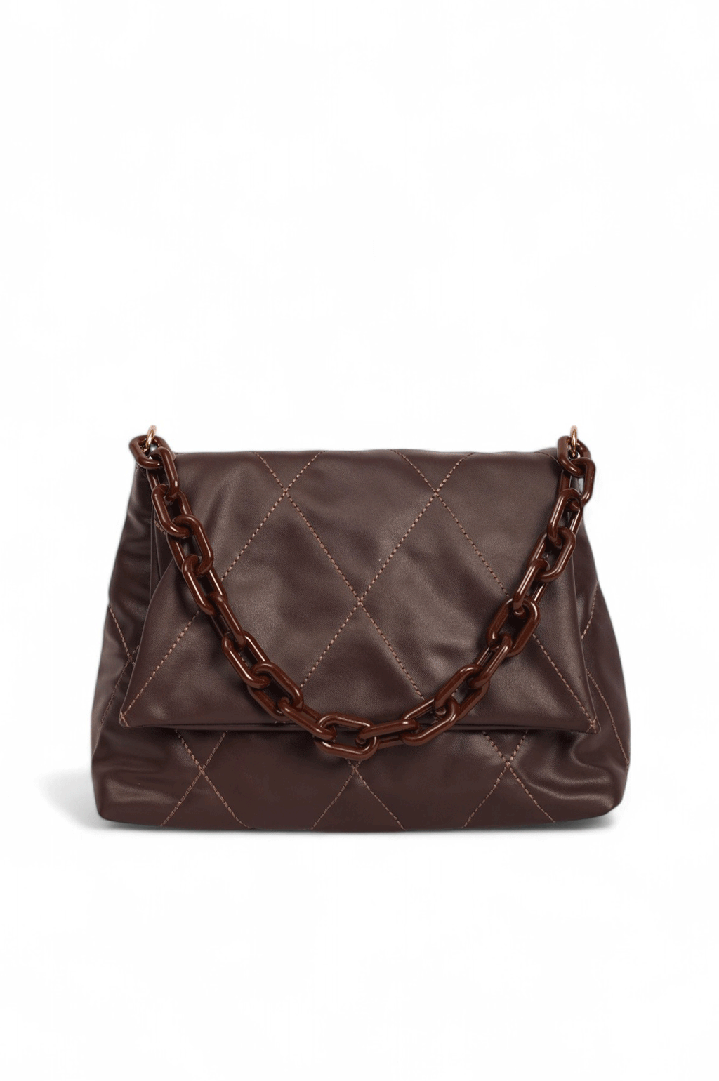 Fluffy quilted chocolate brown handbag with chunky chain strap, made of premium faux leather, stylish and spacious design.