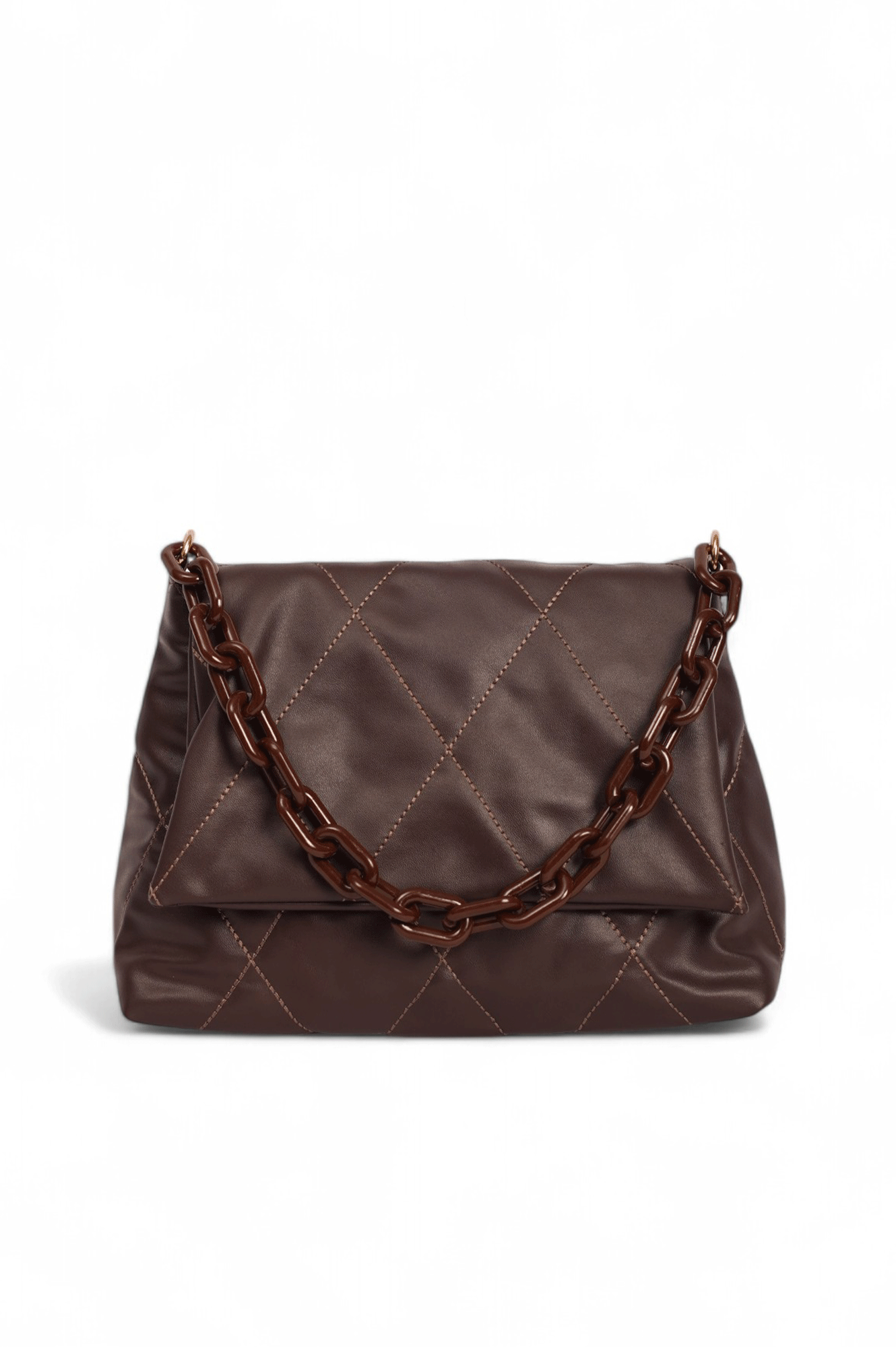 Fluffy quilted chocolate brown handbag with chunky chain strap, made of premium faux leather, stylish and spacious design.