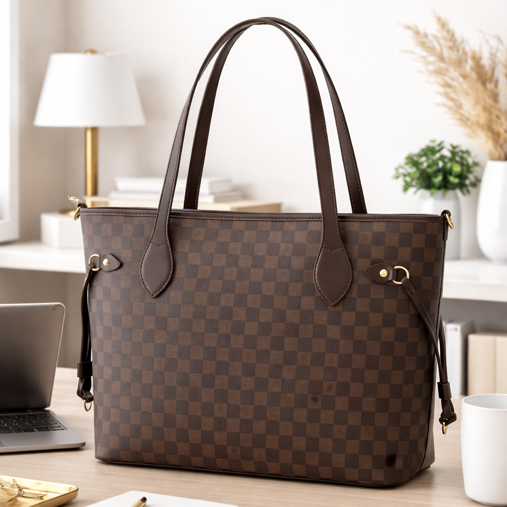 The Ravora Checkered Tote Dark Brown