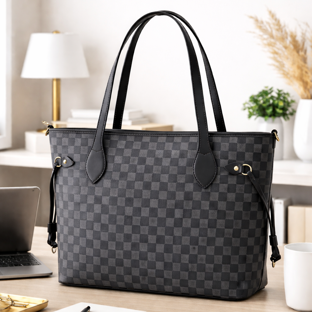 The Ravora Checkered Tote Dark Brown