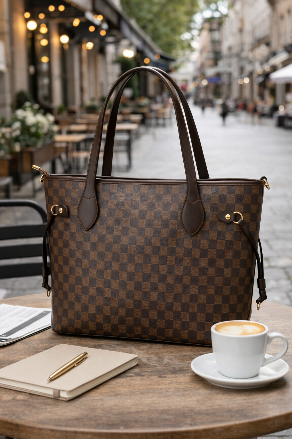 The Ravora Checkered Tote Dark Brown