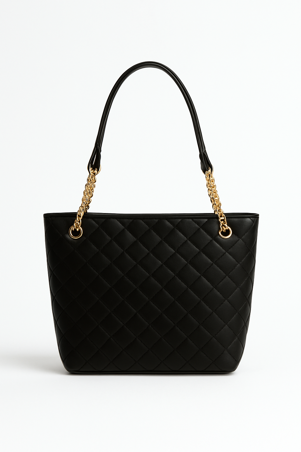 Black quilted Lyana Chris Tote with gold chain and leather handles, spacious and elegant for day-to-night use.