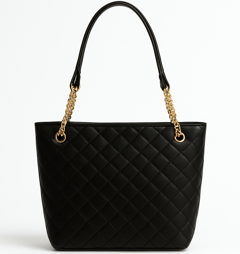 Black quilted Lyana Chris Tote with gold chain and leather handles, spacious and elegant for day-to-night use.