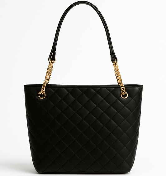 Black quilted Lyana Chris Tote with gold chain and leather handles, spacious and elegant for day-to-night use.