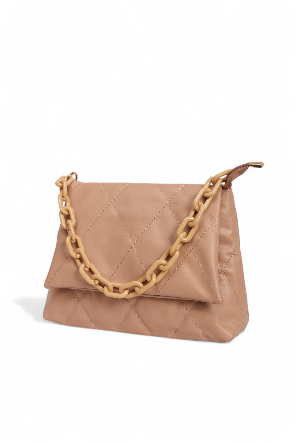 Brown fluffy quilted handbag with chunky chain detail and soft faux leather finish against white background