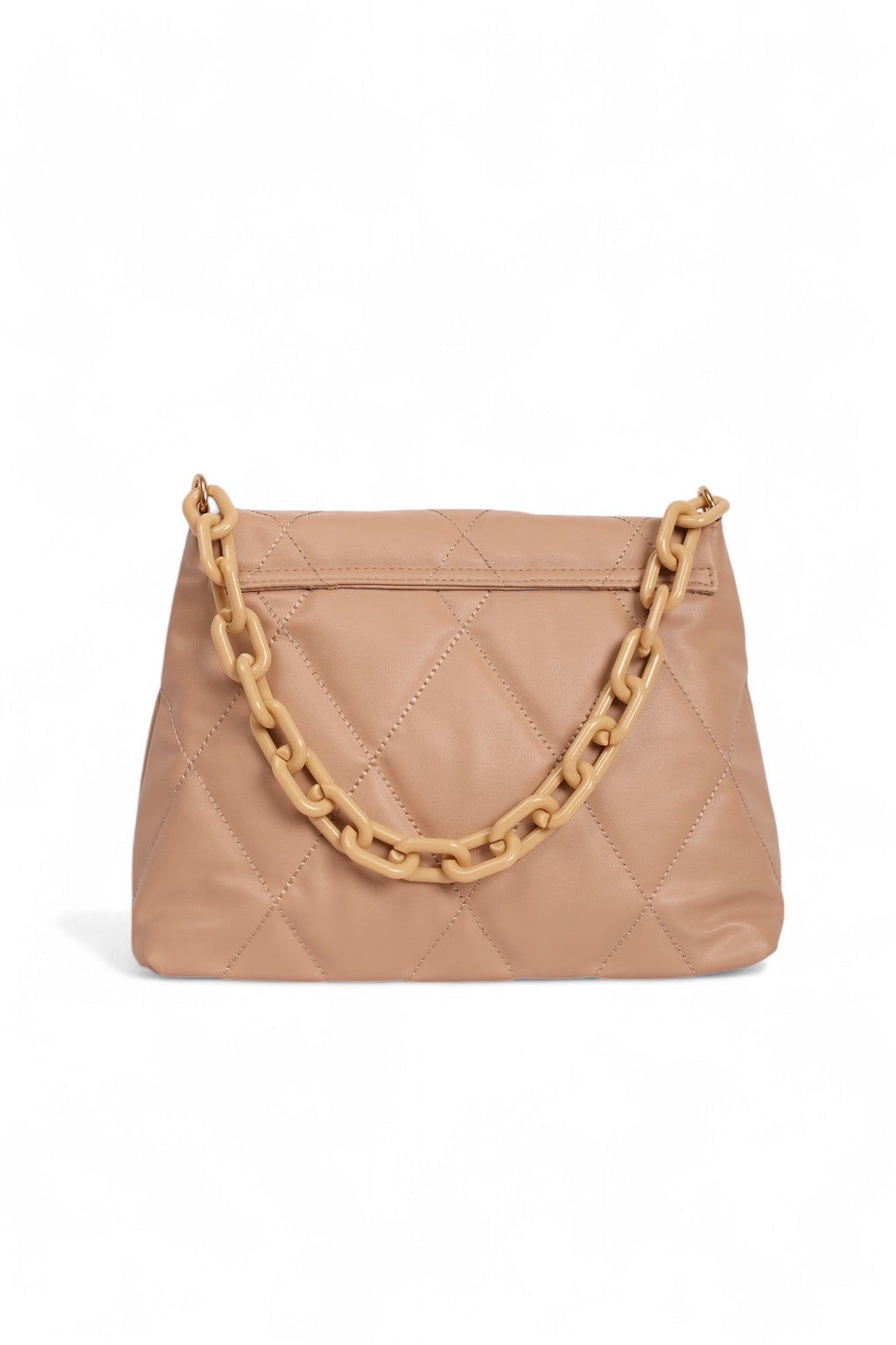 Quilted brown handbag with chunky chain strap, soft faux leather and spacious interior for everyday use