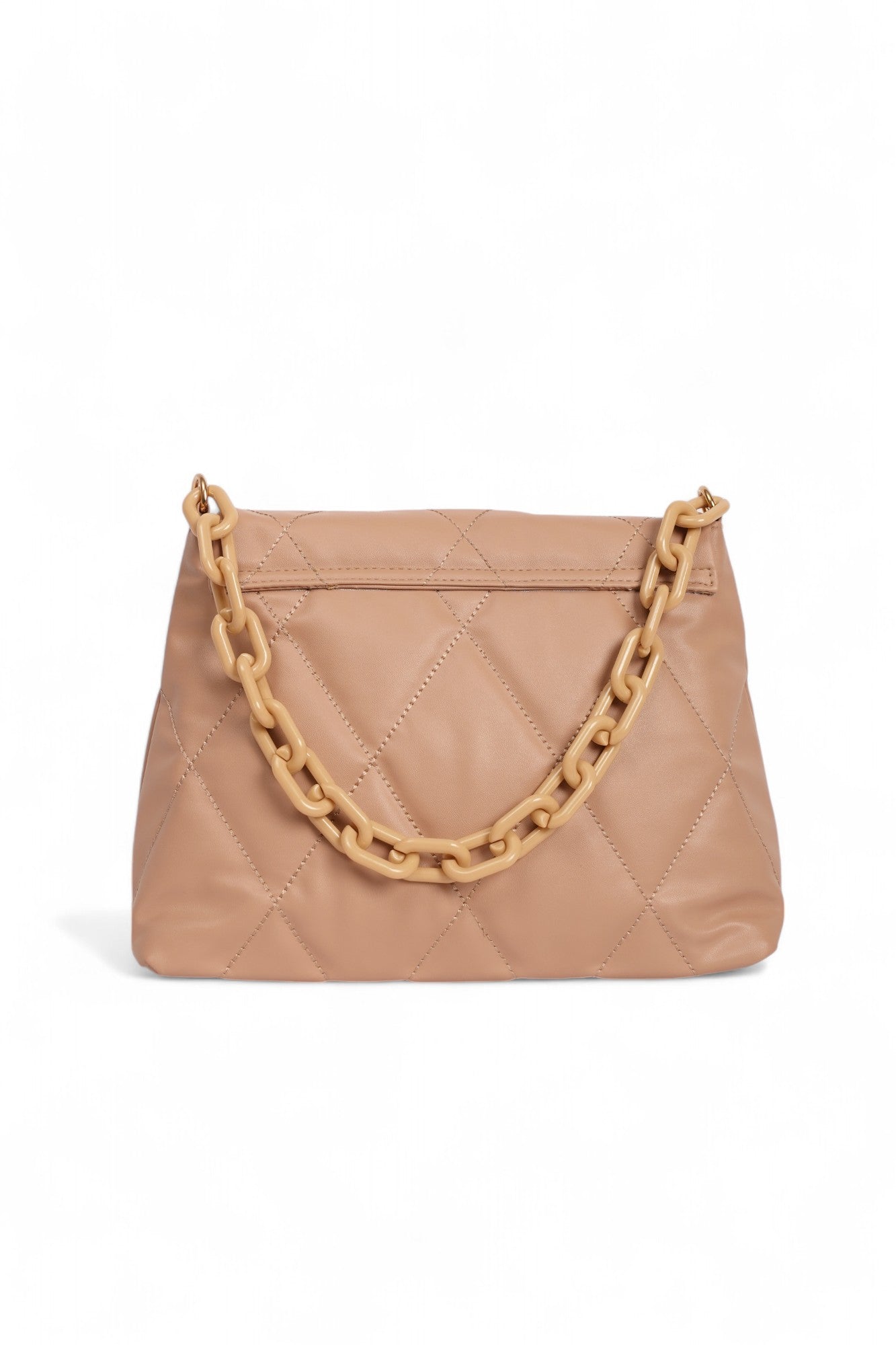 Quilted brown handbag with chunky chain strap, soft faux leather and spacious interior for everyday use