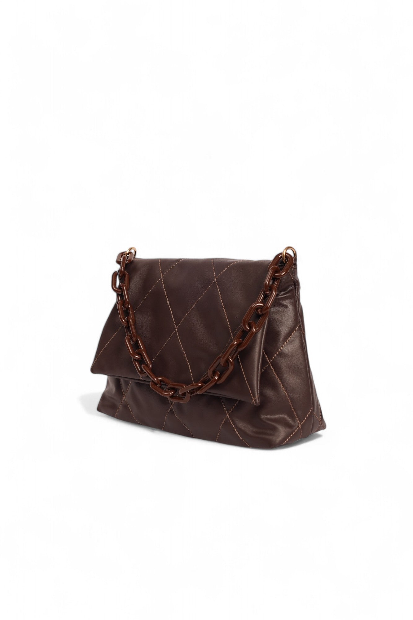 Chocolate brown fluffy quilted handbag with chunky chain strap made of premium faux leather on white background