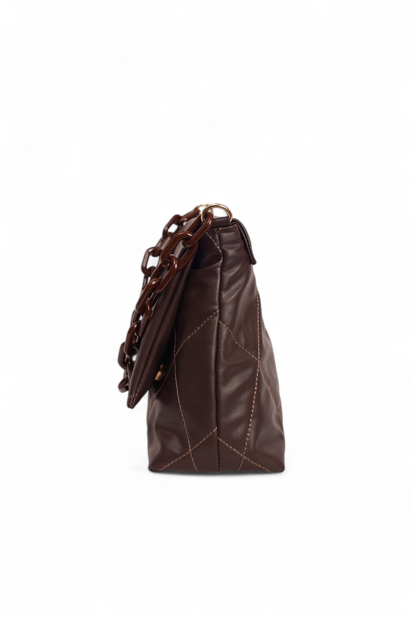 Side view of a fluffy quilted brown handbag with a chunky chain strap on a white background