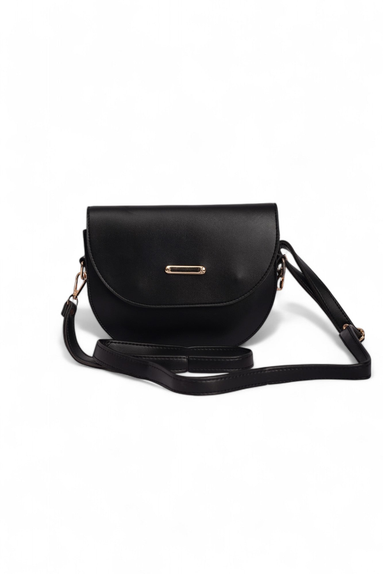 Sleek black dual strap bag with adjustable crossbody and hand-carry options, featuring a minimalist gold accent.