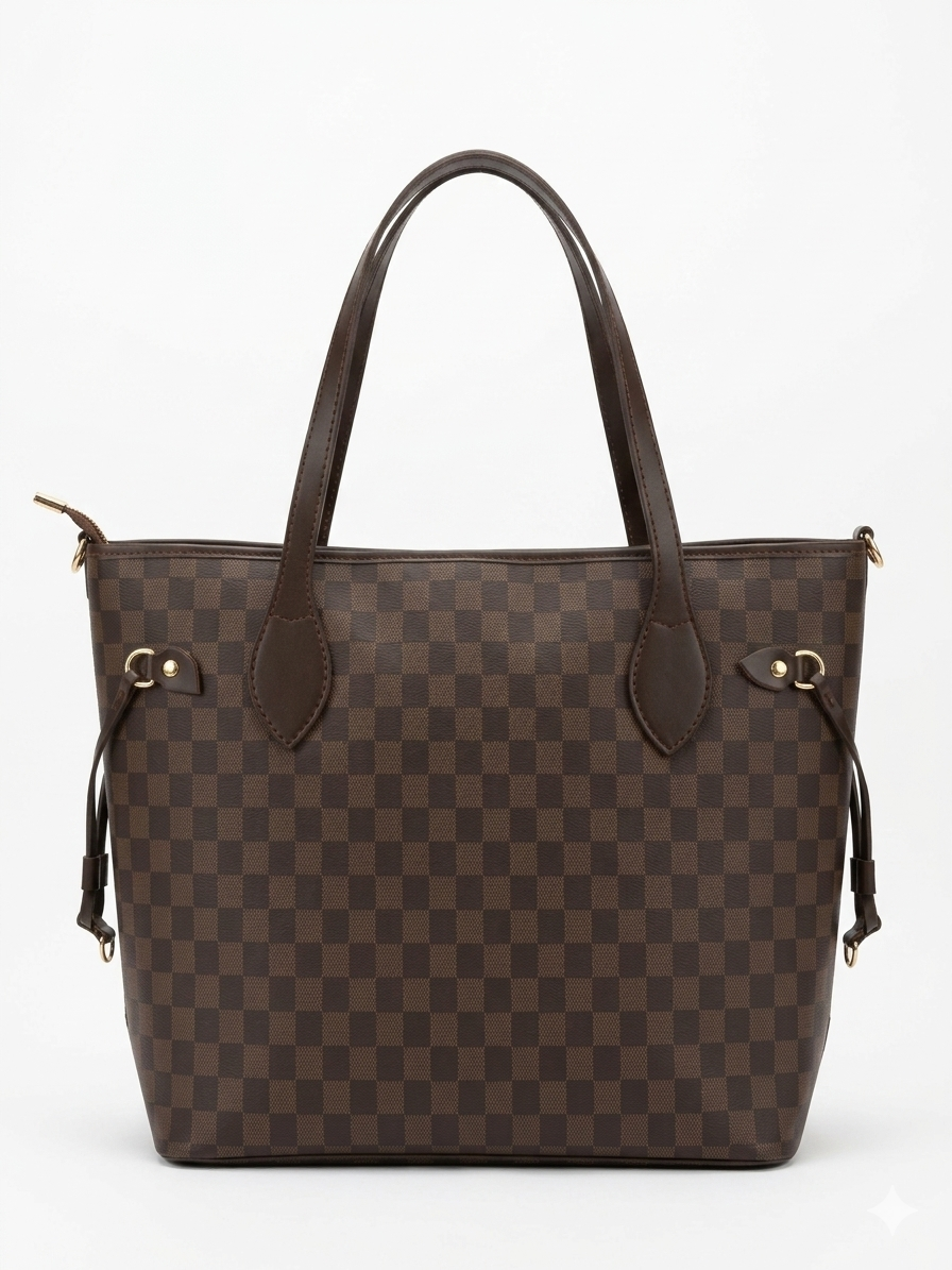 The Ravora Checkered Tote Dark Brown