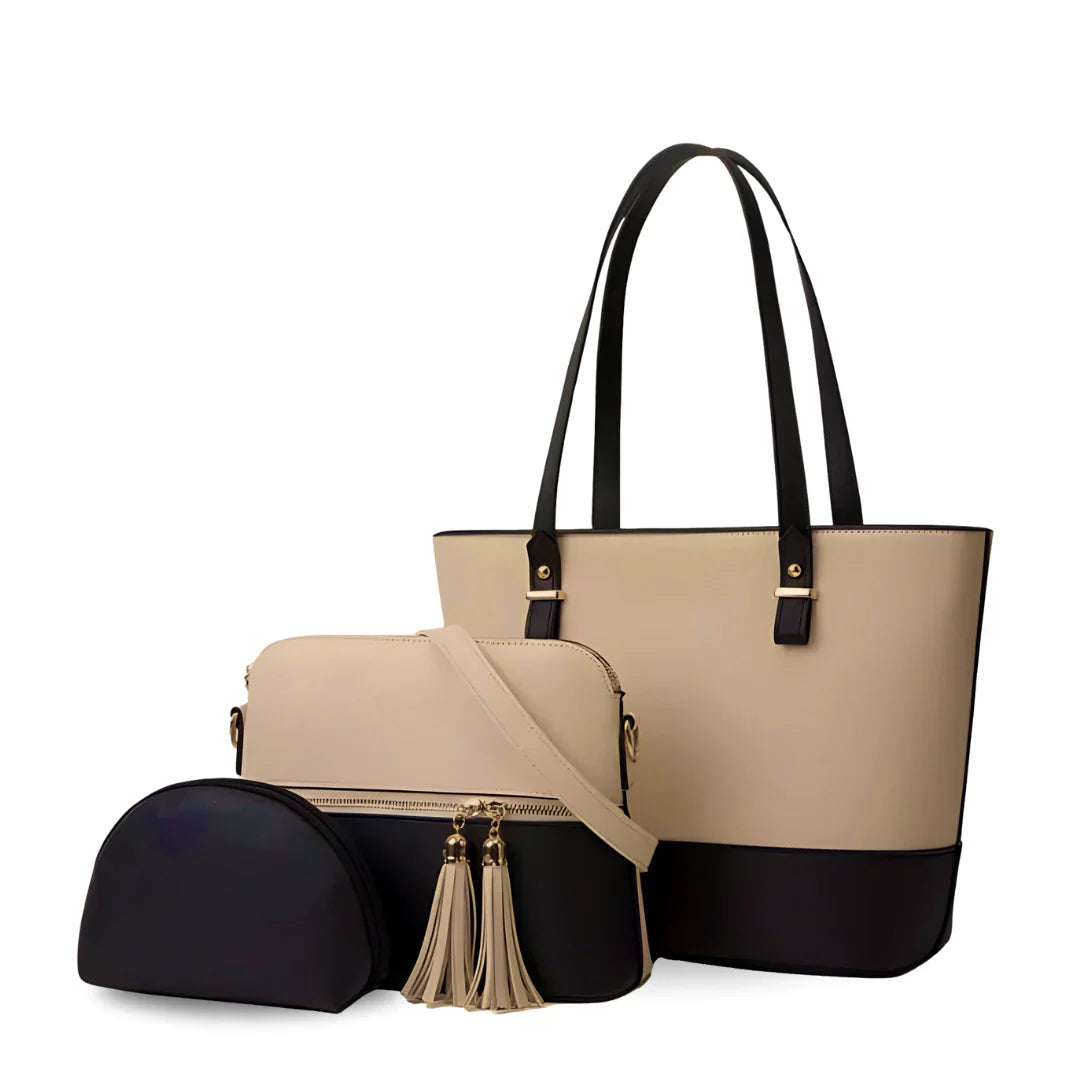 Elegant GRACE 3-in-1 handbag set in beige and black faux leather with spacious and stylish compartments