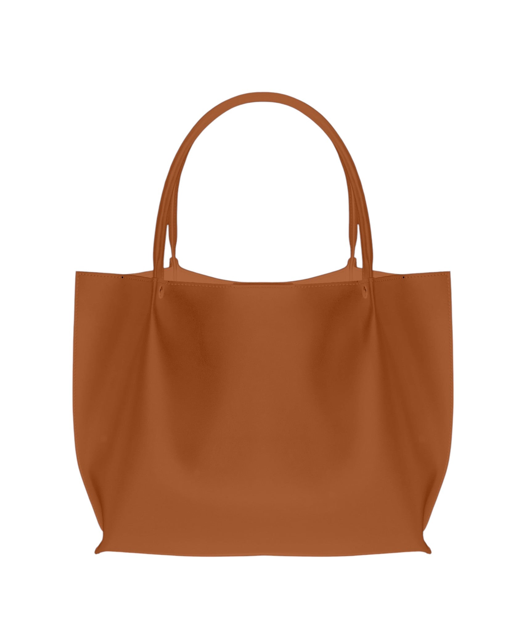 Brown faux leather tote bag with two handles and spacious main compartment, ideal for everyday use and carrying essentials.