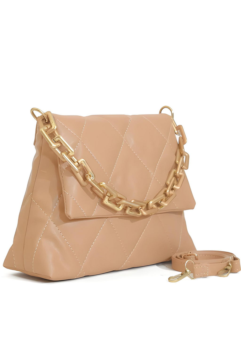 Quilted beige handbag with chunky gold chain handle and detachable strap, stylish and spacious for everyday use.