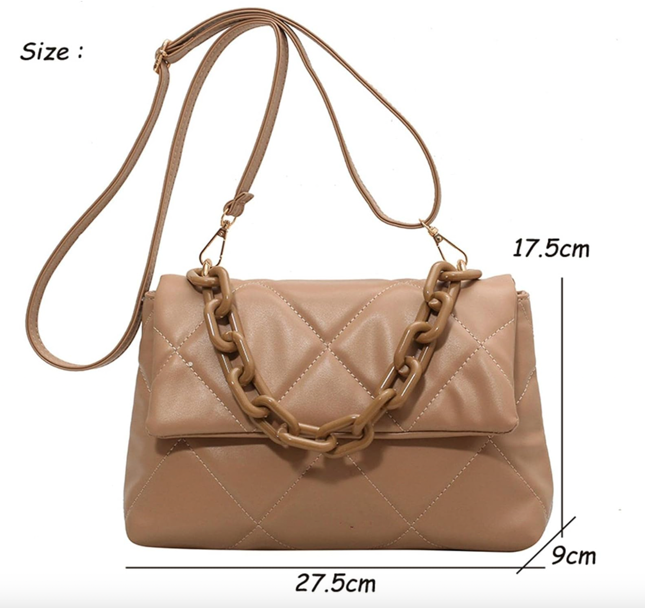 Beige quilted handbag with chain and adjustable strap, measuring 27.5cm by 17.5cm by 9cm, stylish and functional.