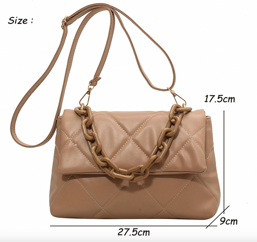 Beige quilted handbag with chain and adjustable strap, measuring 27.5cm by 17.5cm by 9cm, stylish and functional.