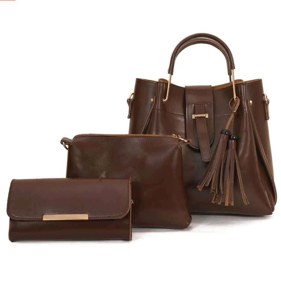 Three-piece brown handbag set including a top-handle bag, crossbody pouch, and matching wallet clutch