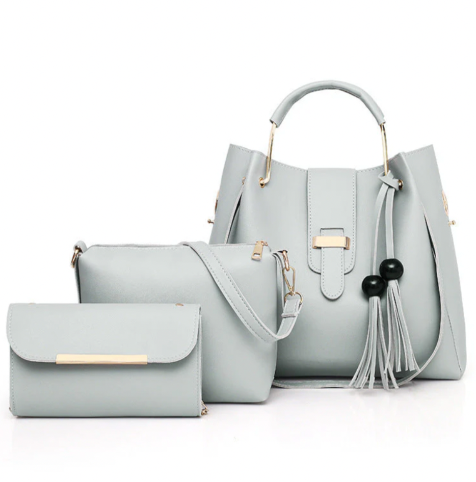 Three-piece light gray handbag set with a structured shoulder bag, crossbody bag, and matching wallet clutch in premium synthetic leather
