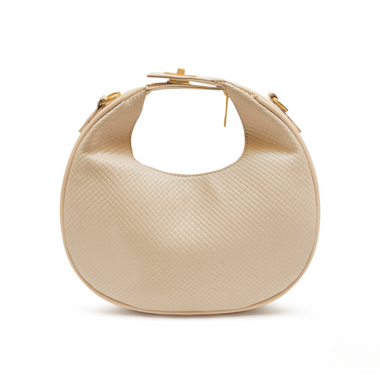 Elara Beige Bag hobo style in synthetic leather with adjustable strap and zippered round design for secure storage.
