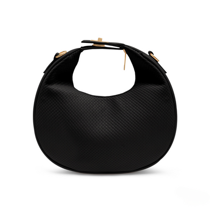Black round-shaped hobo bag made of textured synthetic leather with adjustable shoulder strap and zipper closure.