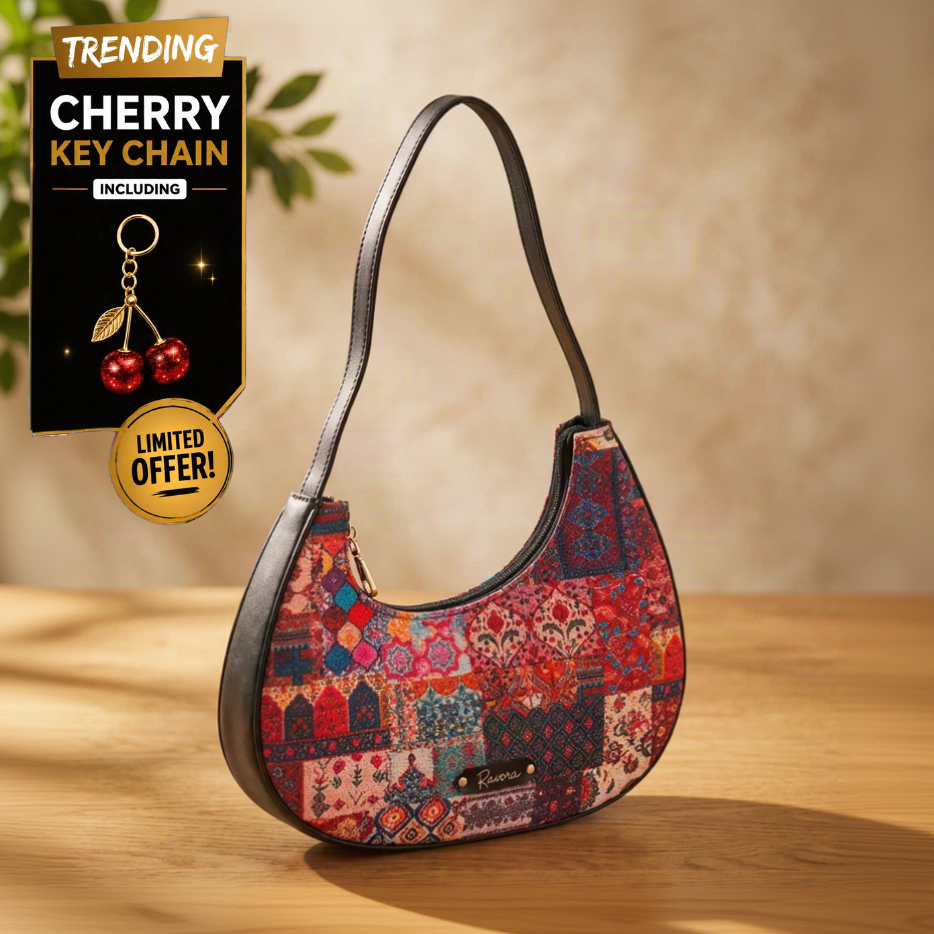 Ravora Red Tapestry Crescent Shoulder Bag