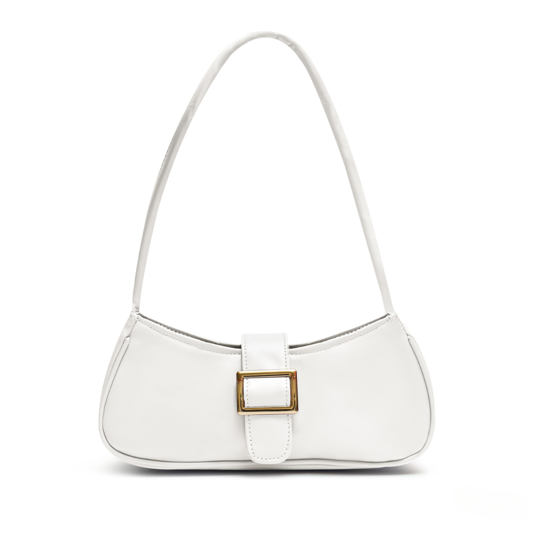 White shoulder bag with gold buckle detail, synthetic leather and single zip closure, compact and stylish design.
