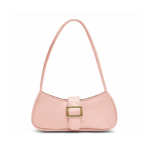 Pink shoulder bag with front buckle detail and magnetic flap closure made from premium synthetic leather