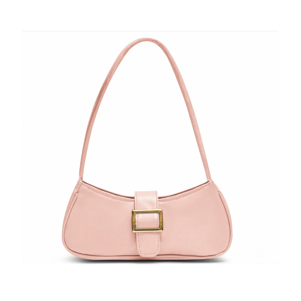 Pink shoulder bag with front buckle detail and magnetic flap closure made from premium synthetic leather