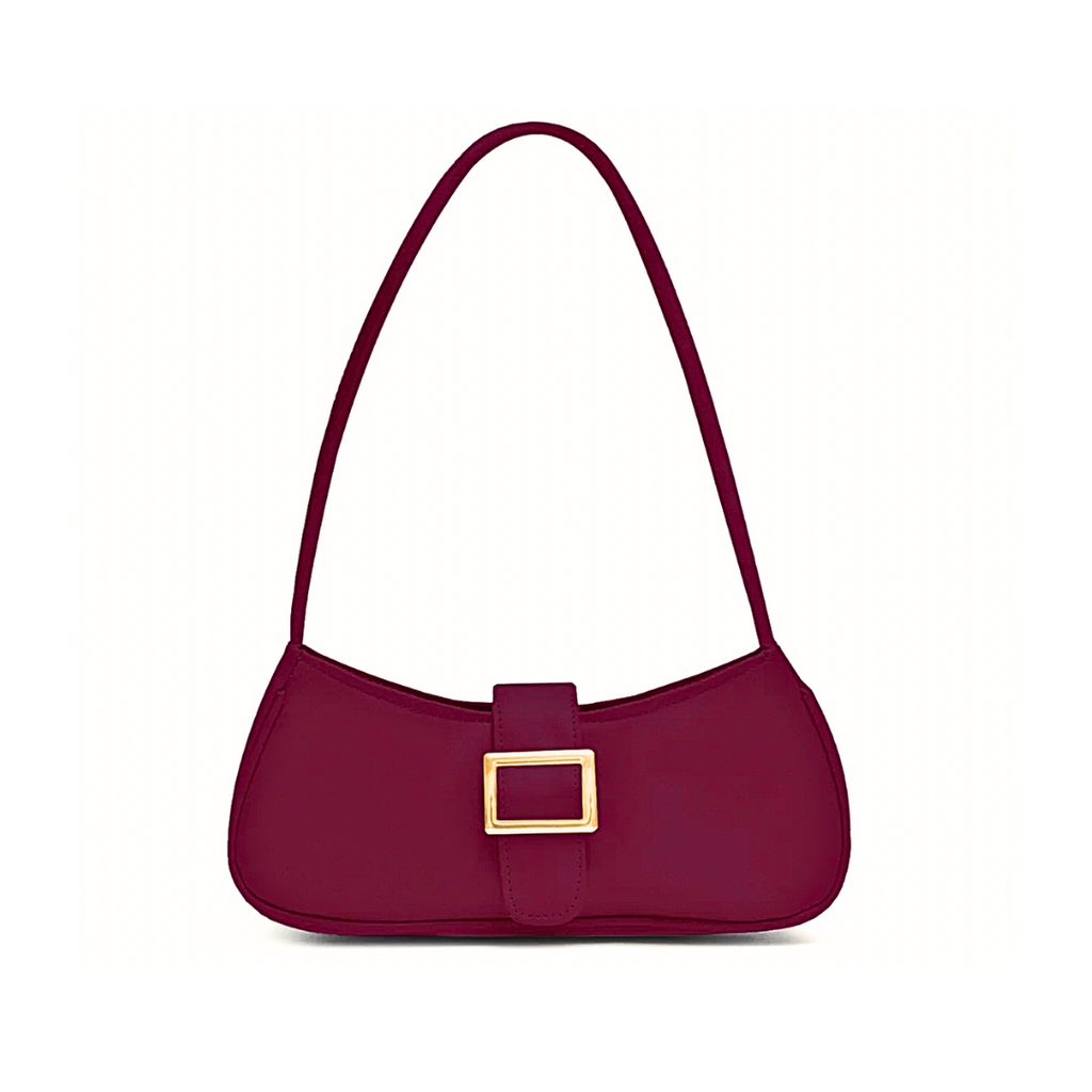 Ariana shoulder bag in black synthetic leather with a front buckle detail and fixed 10-inch strap.