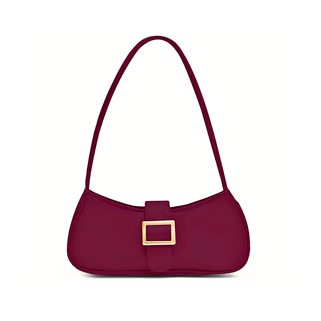 Ariana shoulder bag in black synthetic leather with a front buckle detail and fixed 10-inch strap.