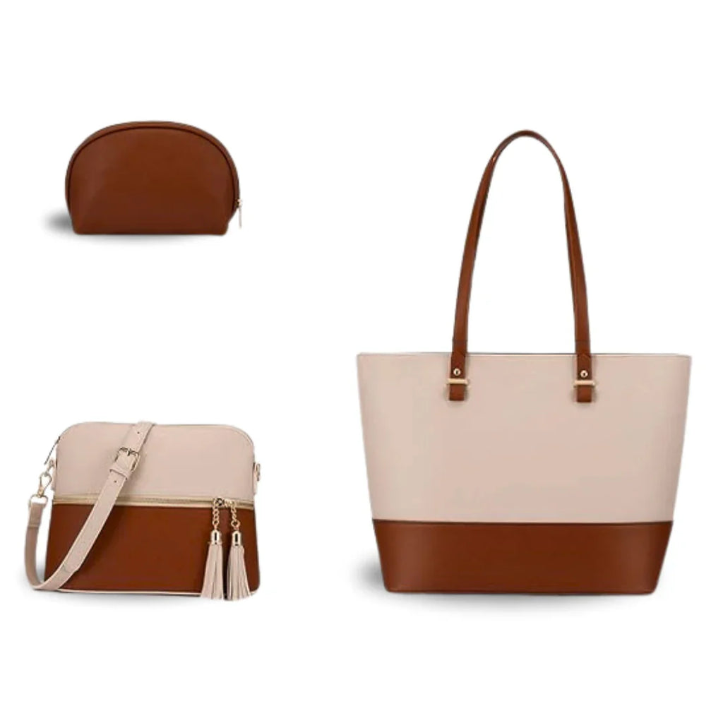 Elegant beige and brown 3-in-1 handbag set with tote, crossbody bag, and mini pouch in faux leather