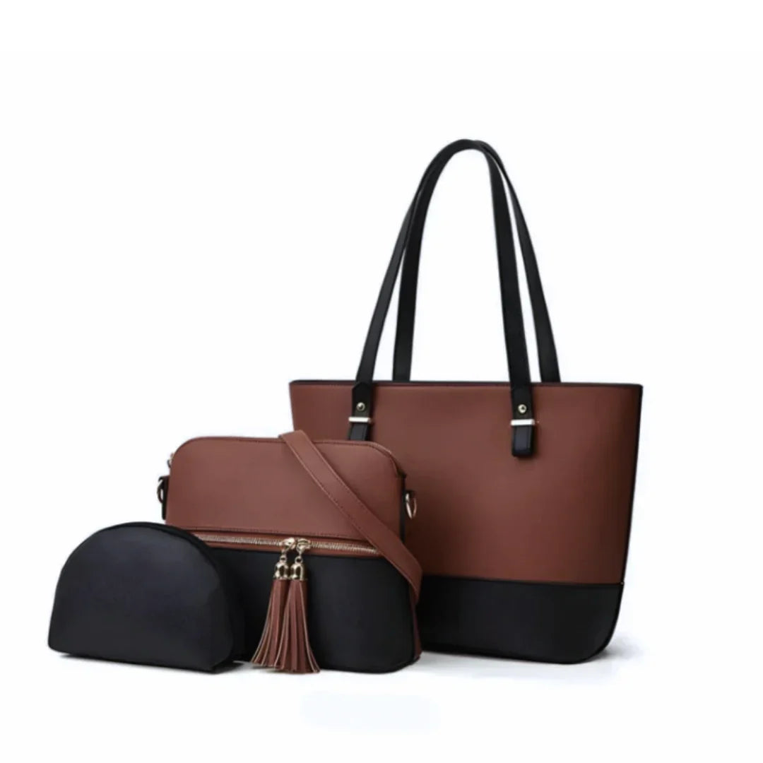Elegant 3-in-1 handbag set in beige and black faux leather with spacious tote, crossbody, and mini pouch.