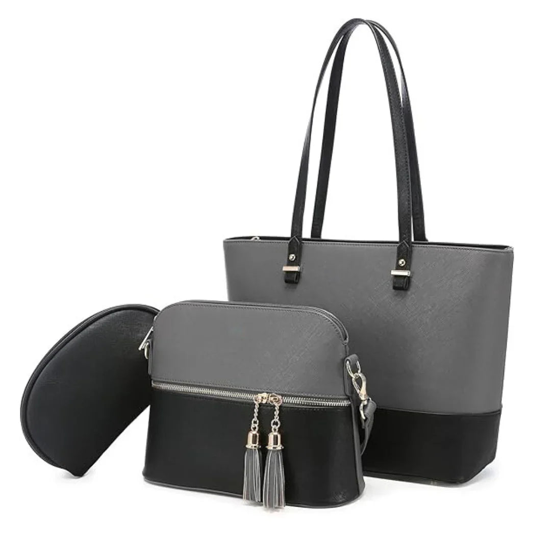 Elegant GRACE 3-in-1 handbag set in black and beige faux leather with spacious compartments and tassel detailing