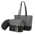 Elegant GRACE 3-in-1 handbag set in black and beige faux leather with spacious compartments and tassel detailing