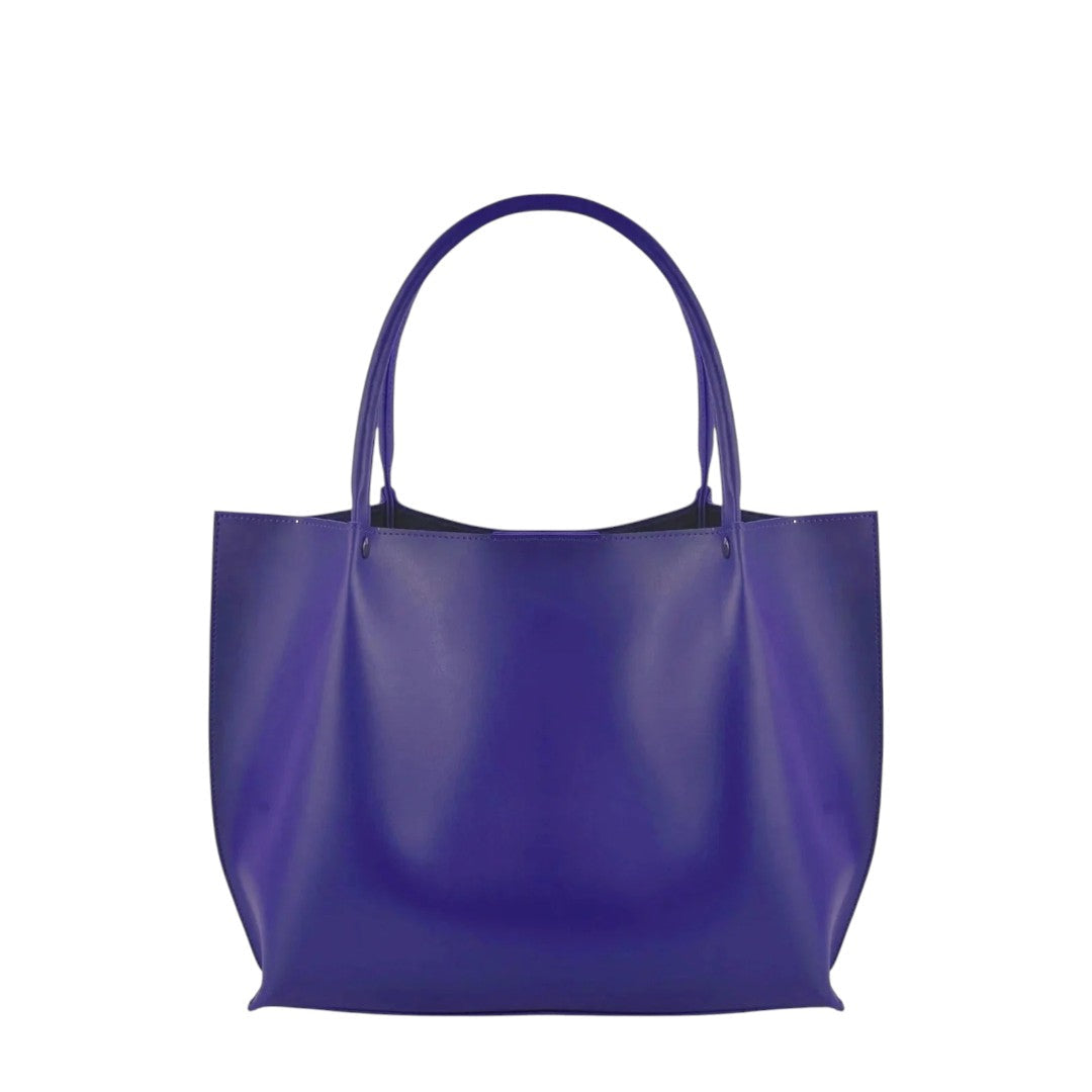 Large purple faux leather tote bag with two handles and open main compartment shown on white background