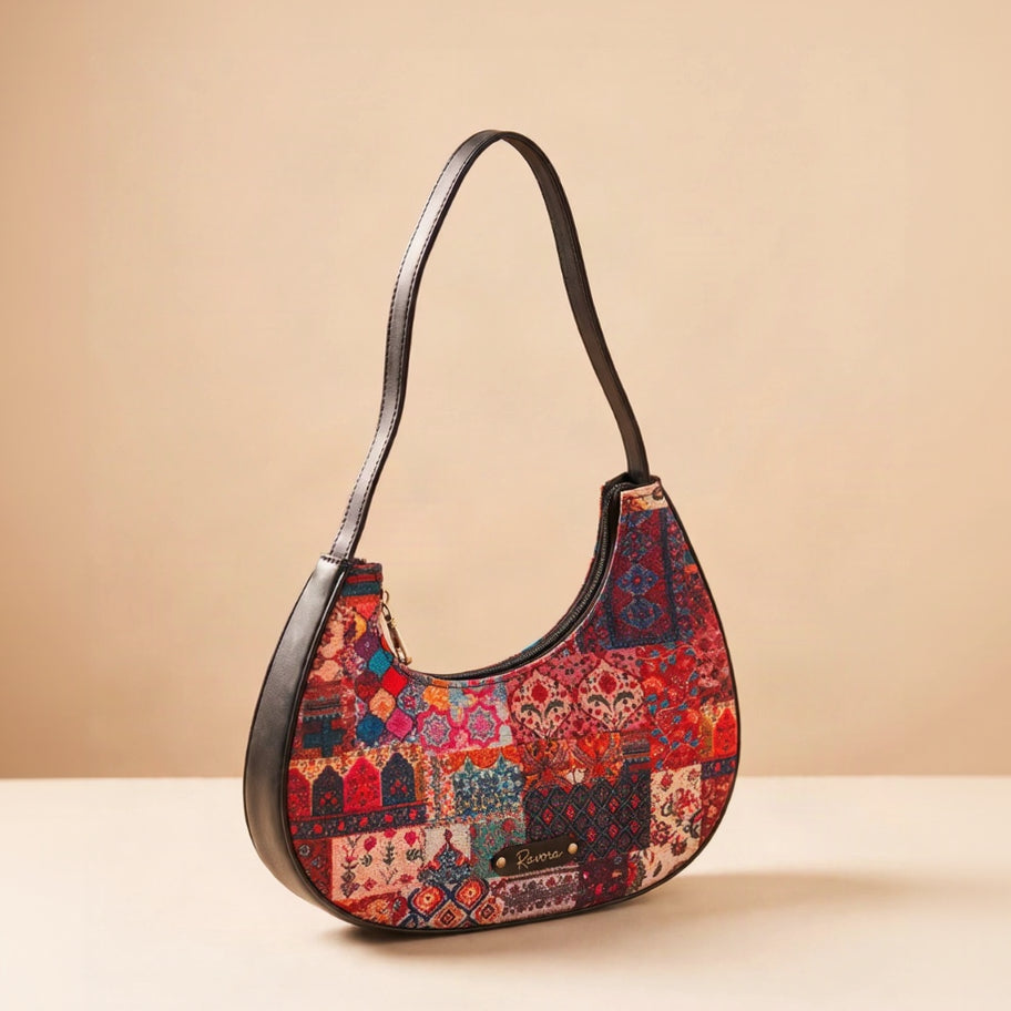 Ravora Red Tapestry Crescent Shoulder Bag