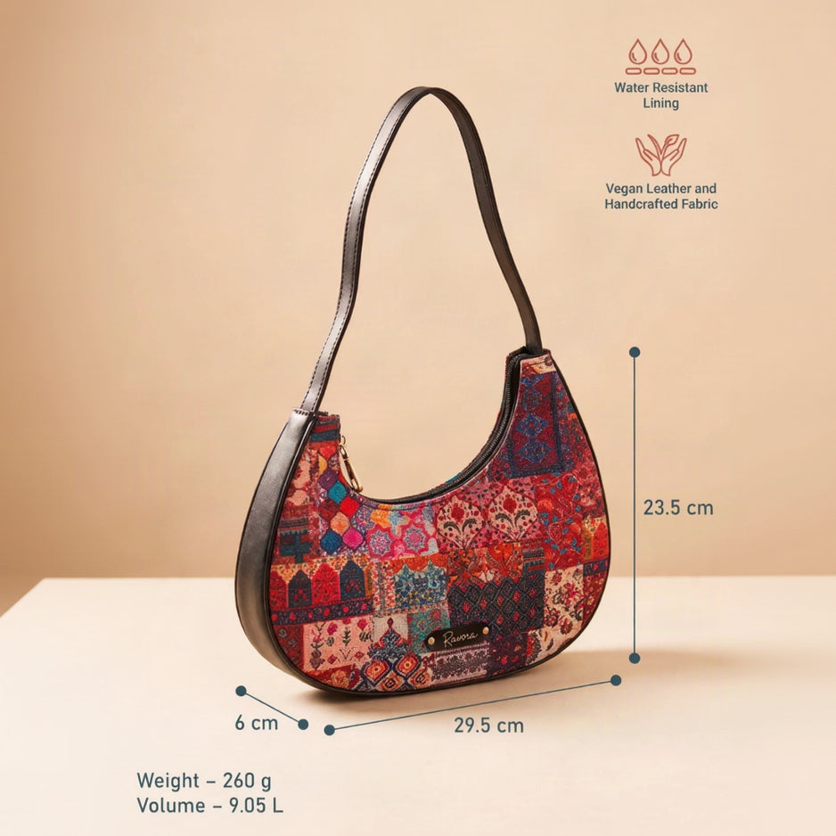 Ravora Red Tapestry Crescent Shoulder Bag