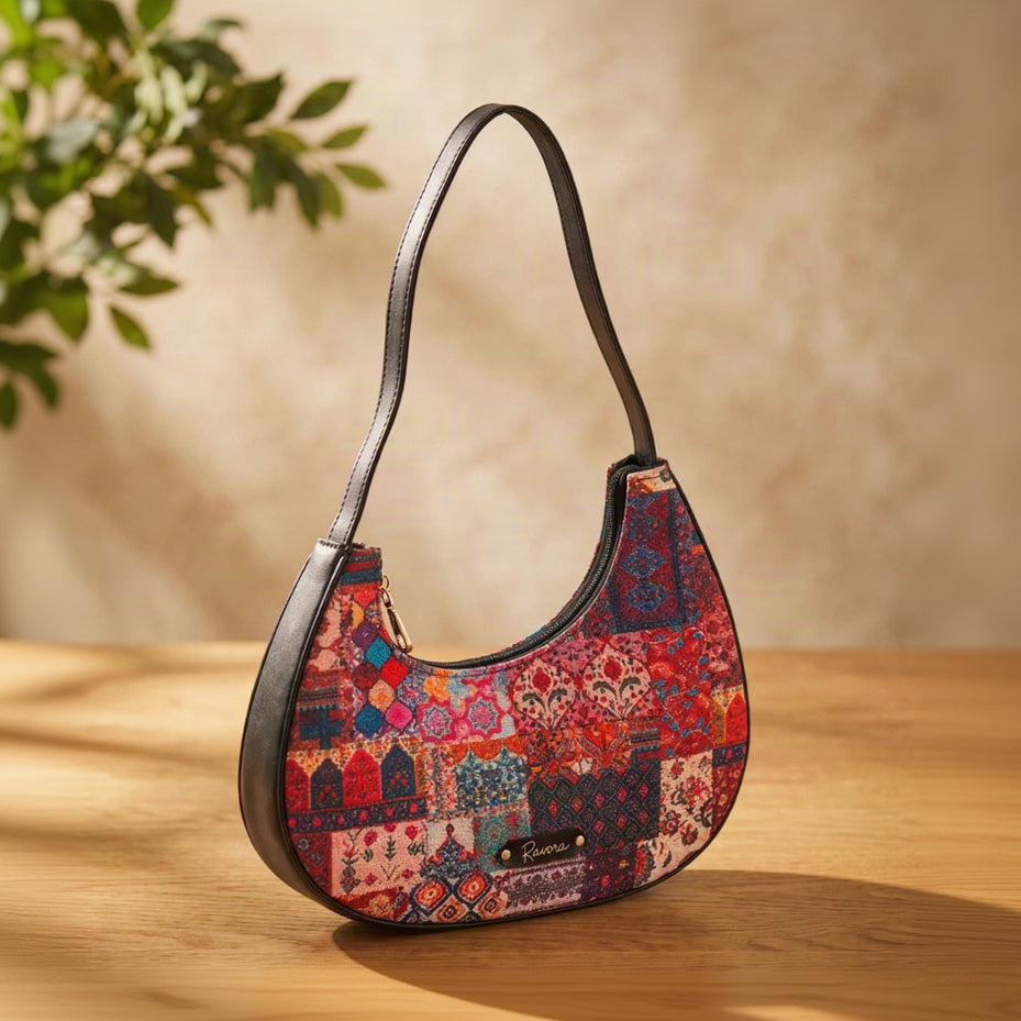 Ravora Red Tapestry Crescent Shoulder Bag