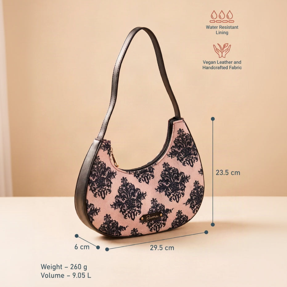 Ravora Pink Damask Crescent Shoulder Bag