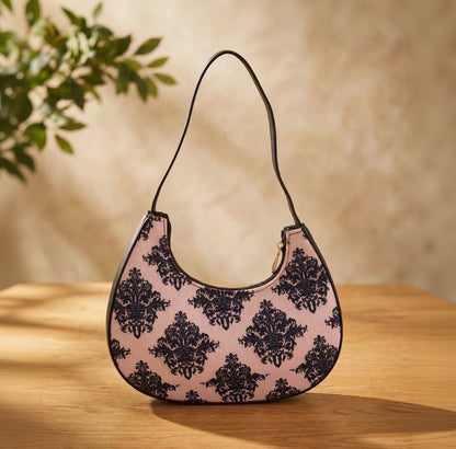 Ravora Pink Damask Crescent Shoulder Bag