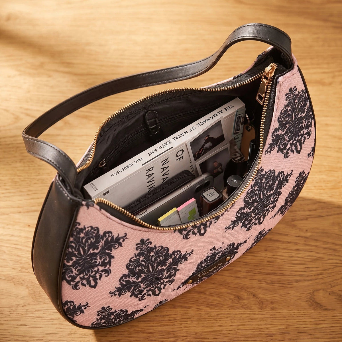 Ravora Pink Damask Crescent Shoulder Bag