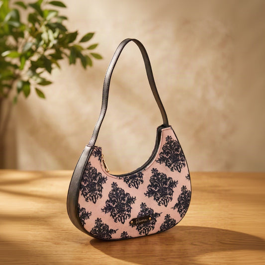Ravora Pink Damask Crescent Shoulder Bag